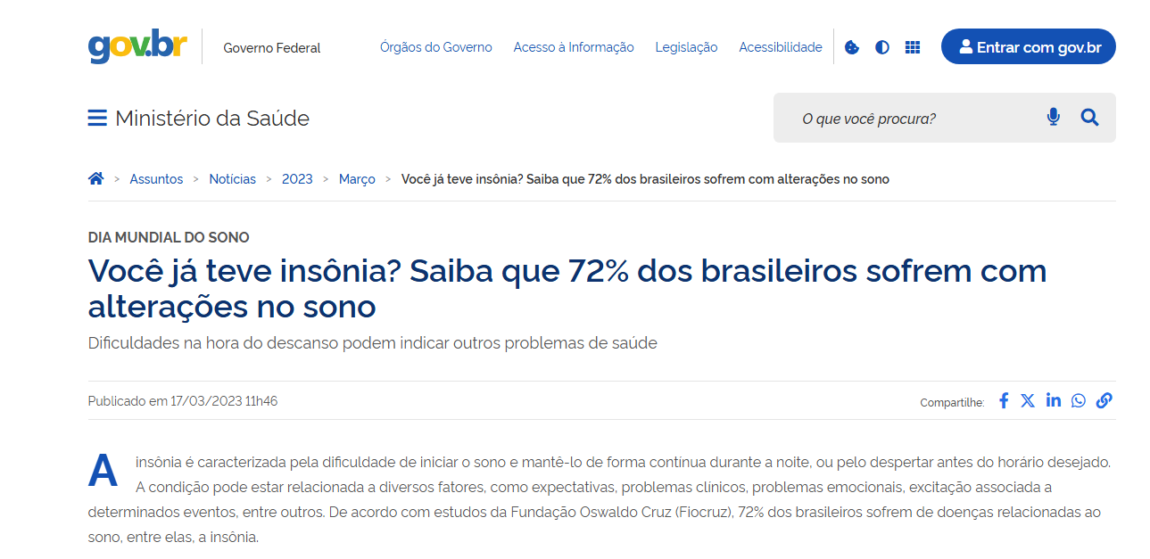 Ministério da Saúde — 72% dos brasileiros sofrem com sono